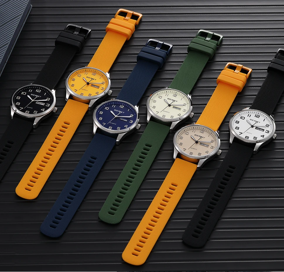 BERNY Uhren für Herren, Quarz, lässig, Sport, Herrenuhren, weiches Silikonarmband, großes Zifferblatt, Kalenderwoche, leicht ablesbare Armbanduhr – Detail 21