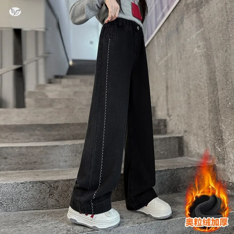 سراويل جينز مبطنة بالصوف للفتيات مع خياطة جانبية وخياطة زخرفية واسعة الساق من قماش الدنيم للأطفال الكبار 2025 سراويل طويلة شتوية جديدة #4