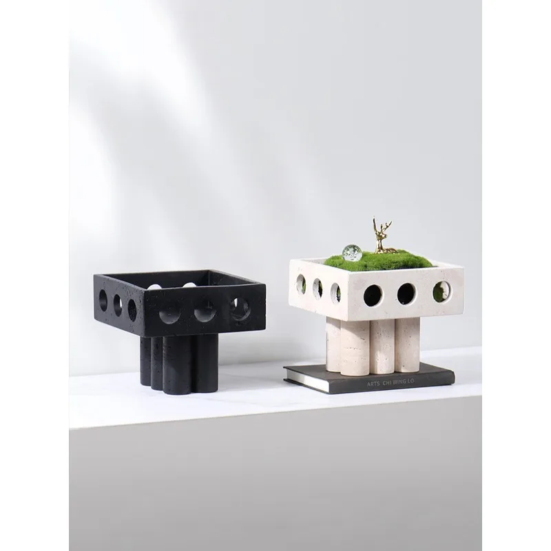 Medieval marble geometric fruit plate, modern homestay, light luxury entrance tabletop, travertine, flower pot decoration