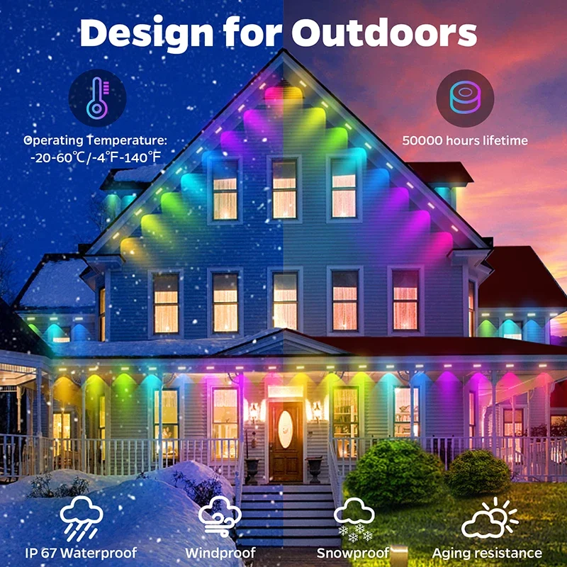 147FT 90 LED Permanent Outdoor Eaves LED Lights Waterproof RGB String Lights DIY Scene Christmas Birthday Holiday Party Lighting