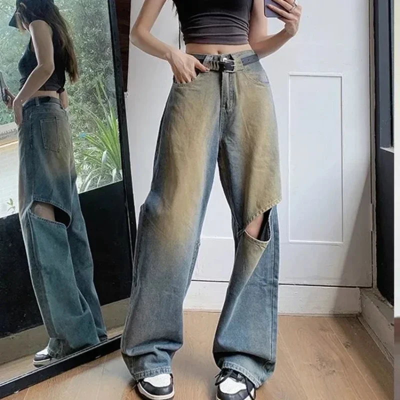 High Waist Shot Women's Jeans Torn Straight Leg Ripped Pants for Woman with Holes Trousers New in Wholesale Baggy Top Selling A