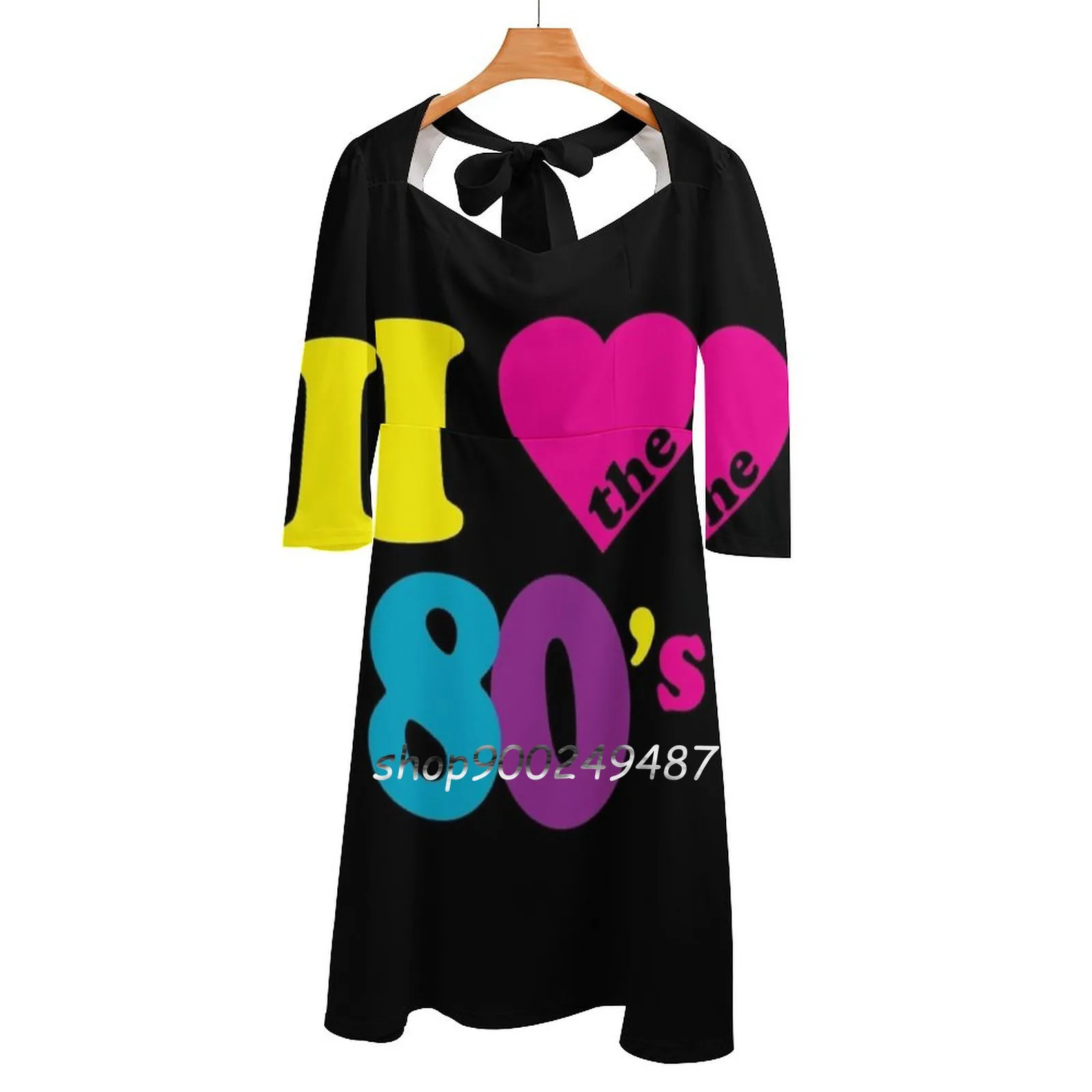 Eu amo o 80s camisa alargamento vestido de pescoço quadrado vestido elegante moda feminina vestido impresso eu amo o 80s