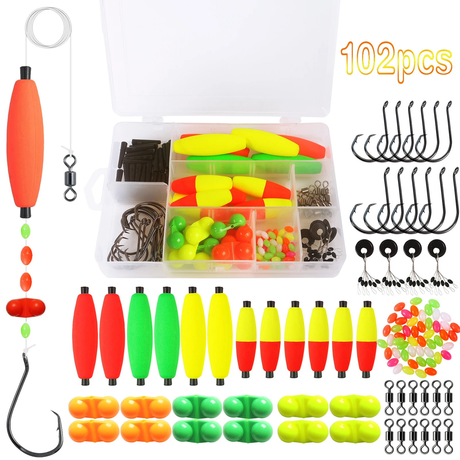 102pcs/Lot Fishing Floats Kit with Beads Hooks Space Beans Swivels Fishing Rig Baits Accessories Foam Bobbers Buoy Assorted Set