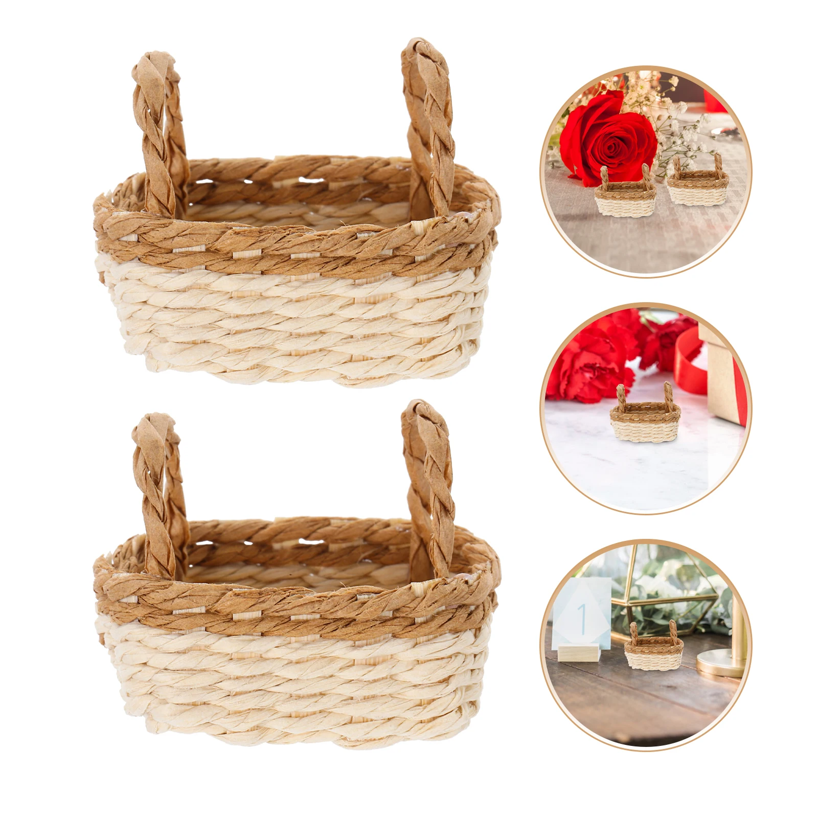 

2pcs Mini Raffia Baskets Small Woven Flower Storage Decor Baskets Micro Scene House Display Handle Wedding Party Balcony