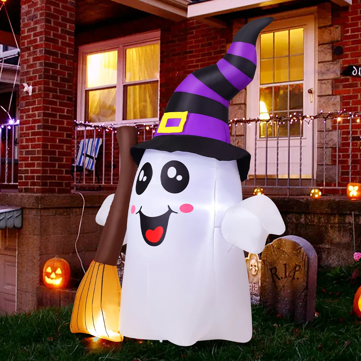 6.2 FT Cute Halloween Ghost Inflatable LED Lights Grasping Broom Outdoor Halloween Decorations for Children