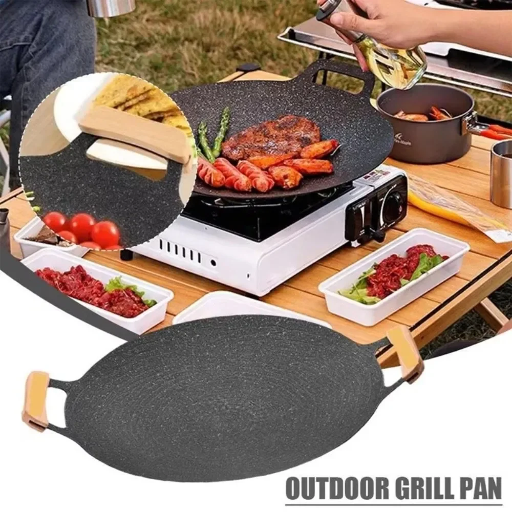 30/32/34/36/38cm Korean BBQ Grill Pan Heat-resistant Holder Wooden Handle Smokeless Griddle Pan Round Shape Non-Stick Frying Pan
