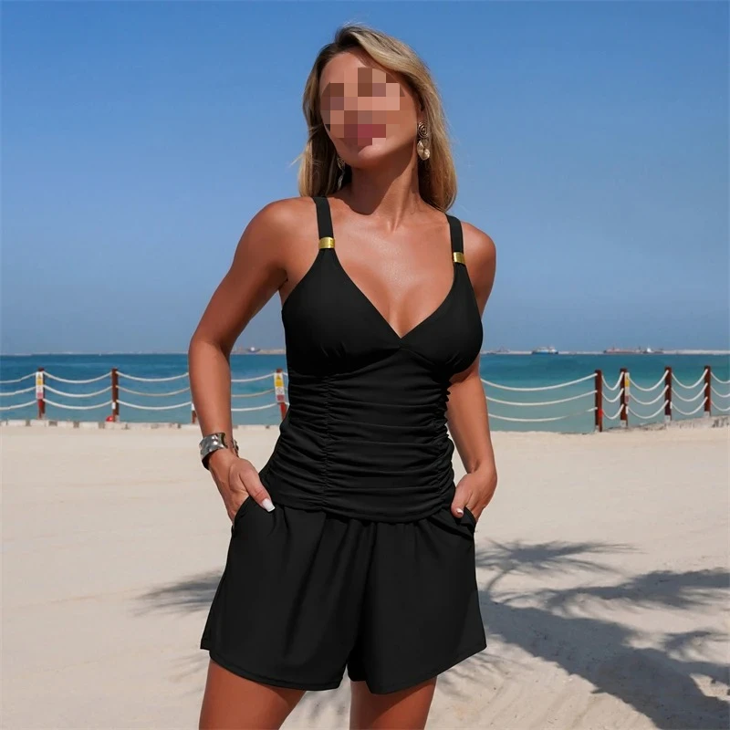 2026 vest with pocket V-neck swimsuit women's two-piece swimsuit set abdominal control vest and slim shorts swimsuit
