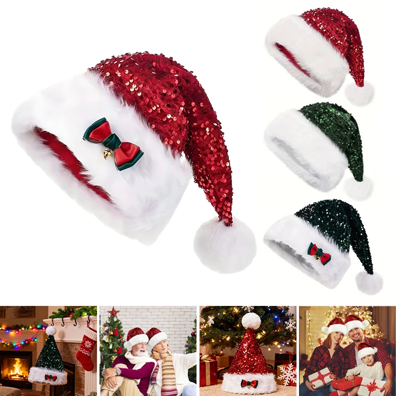 

2026 Luxury Christmas Hat Red Sequin Bow Double Layer Plush Design Extra Large Thickened Long Fur for Adult Party Decoration