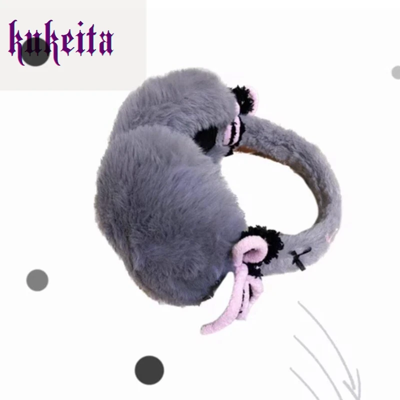 Kukeita Harajuku White Black Gray Pink Sweet Cute Foldable Bow Ear Cover Y2k Japanese Kawaii Women Winter Plush Warm Earmuffs