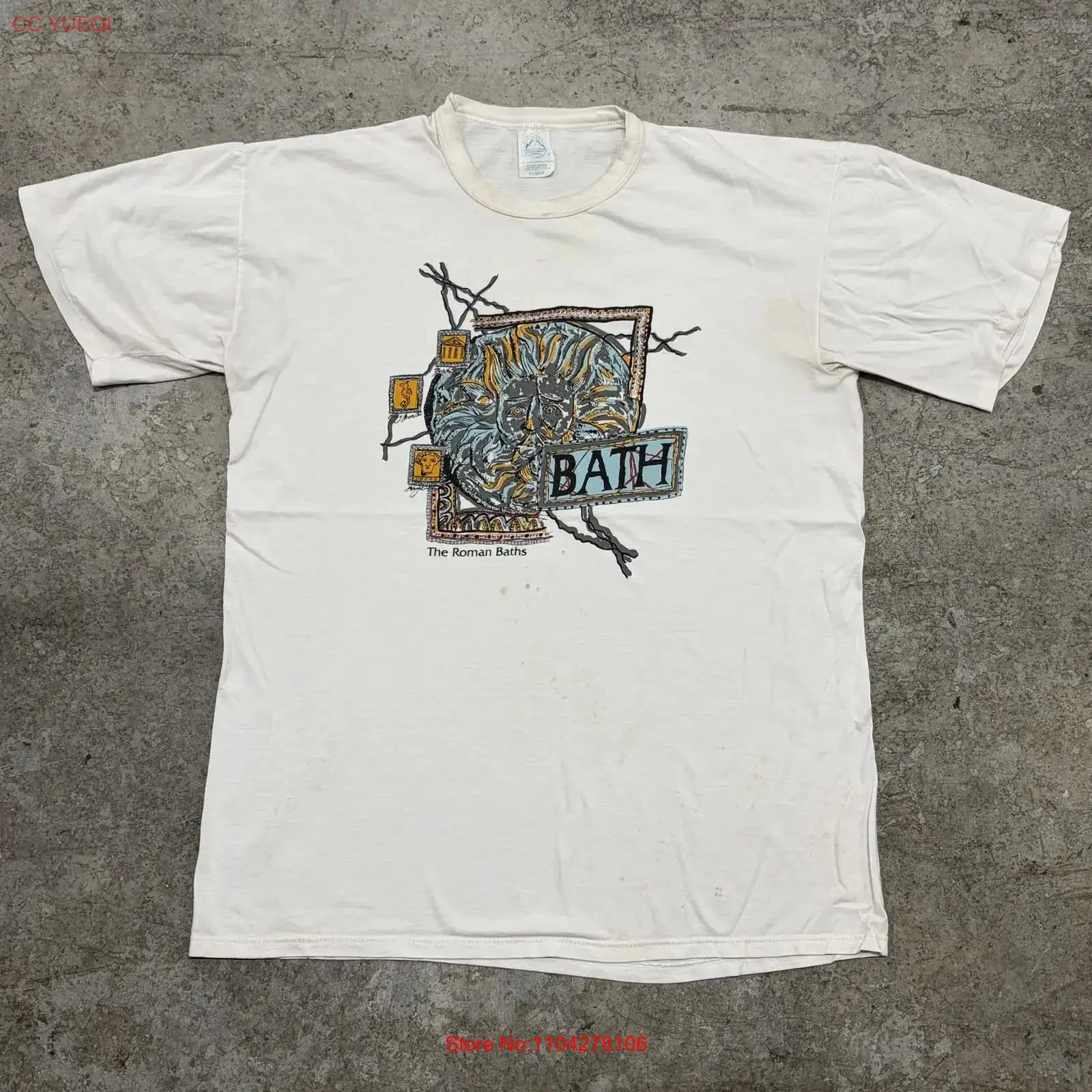 Camiseta Vintage Baños Romanos para Hombre, Talla XL, Blanca, Souvenir Hecho en EE. UU., Estilo Vintage de los 90, Lavada, Ligeramente Elástica y Cómoda