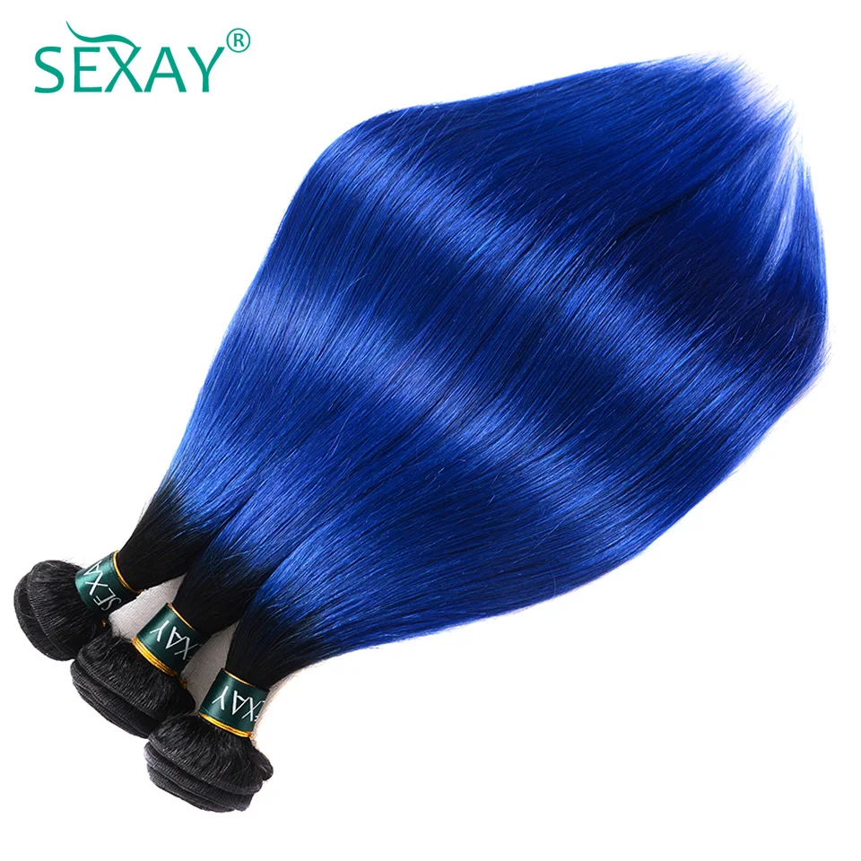 Sexay 1B Blue Straight Human Hair Weave 3 Bundles For Women 2 Tone Ombre Blue Human Hair Weave 4 Pieces For Black Women