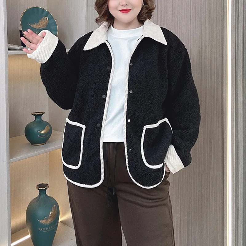 

Plus Size Women Polyester Sherpa Coat Winter New Loose Chic Block Color Lapel Fashion Warm Jacket 609