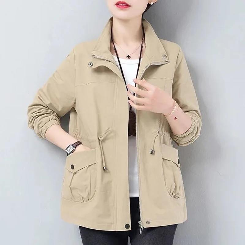 HI-FASHION Double Layer Women Plus Size Spring Autumn Korean Plus Size Lining Windbreaker Drawstring Waist Stand Collar Jacket