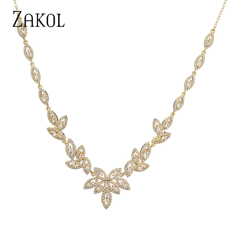 ZAKOL Brand Zircon Leaf Shape Choker Necklaces for Women Exquisite Micro Inlay Cubic Zirconia Necklace Party Wedding Jewelry