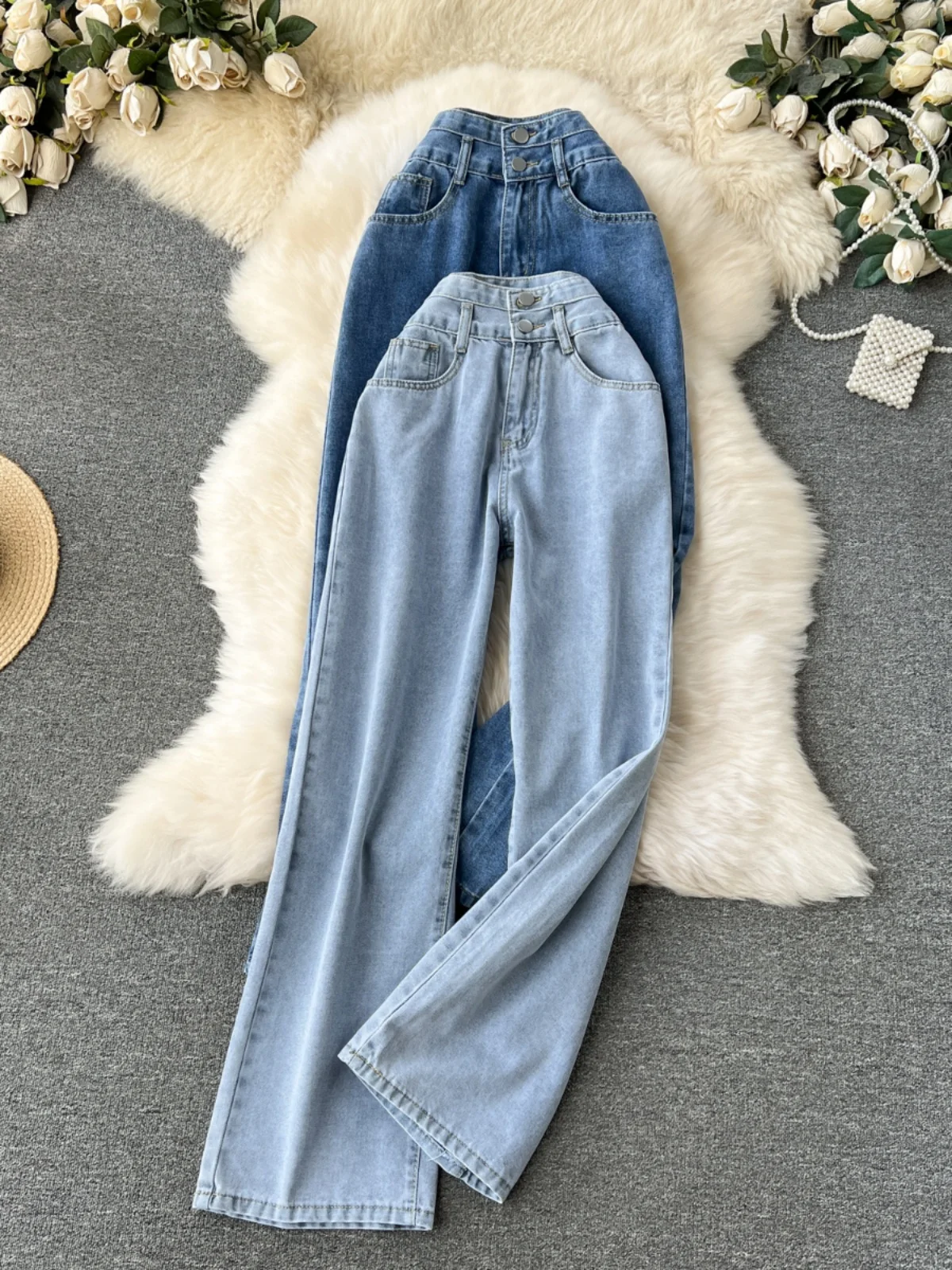 

High Waist Wide Leg Jeans Women's Spring Faion Korean Sle Retro Distred Heightening Slimming Straight Cut Trousers