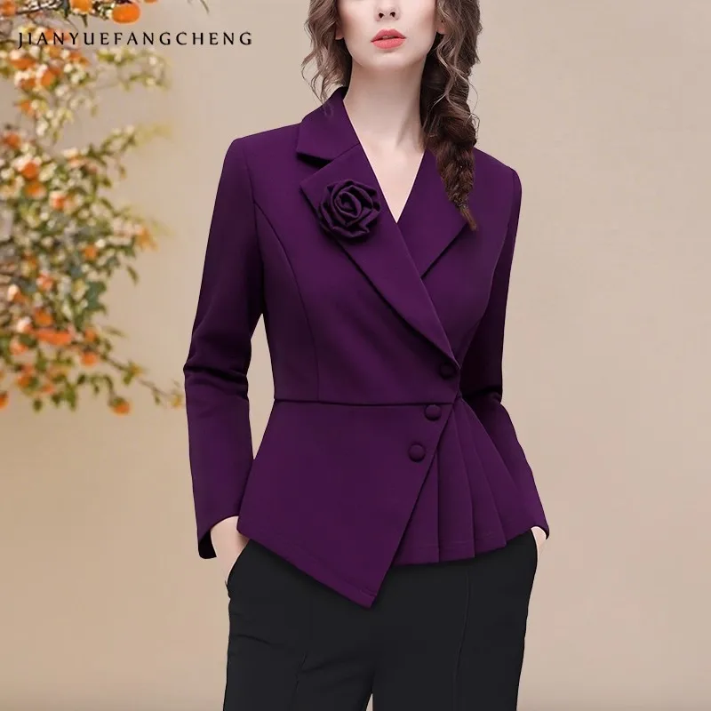 Women' Purple Suit Collar Work Office Blazer With Flower Decoration Elegant Slim Short Coat Tops