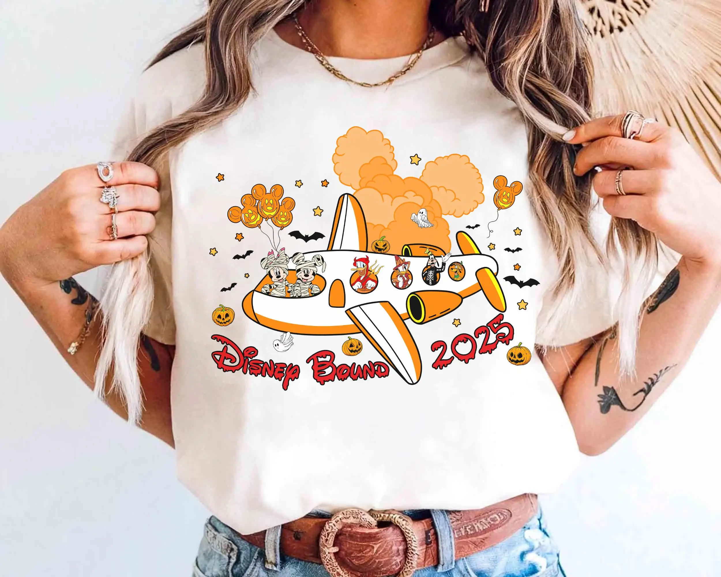 

Дисней Микки и друзья самолет Хэллоуин тыква Диснейленд Калифорния рубашка унисекс всесезонная базовая рубашка, топ, уличная одежда