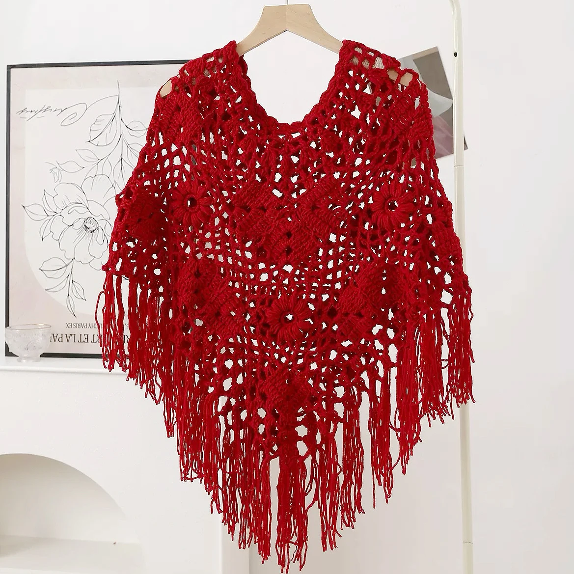 

Вязаный вручную выдолбленный винтажный вязаный рукав с цветочным принтом и кисточками, вязаный теплый женский модный пуловер, шаль