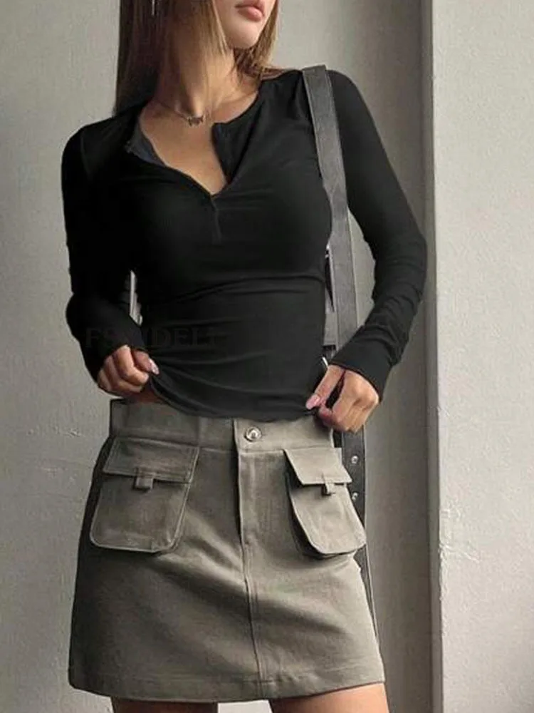 

FSMG Fashion Solid O-Neck Long Sleeve T-Shirts For Women Elegant Single Breasted Slim-Fit Tops Casual High Street Daily Shirts