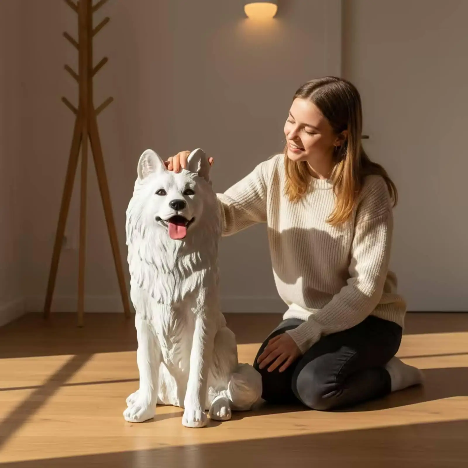 Fiberglass Samoyed Dog Statue White Resin Look Sculpture for Outdoor Patio Garden Home Decorative Piece