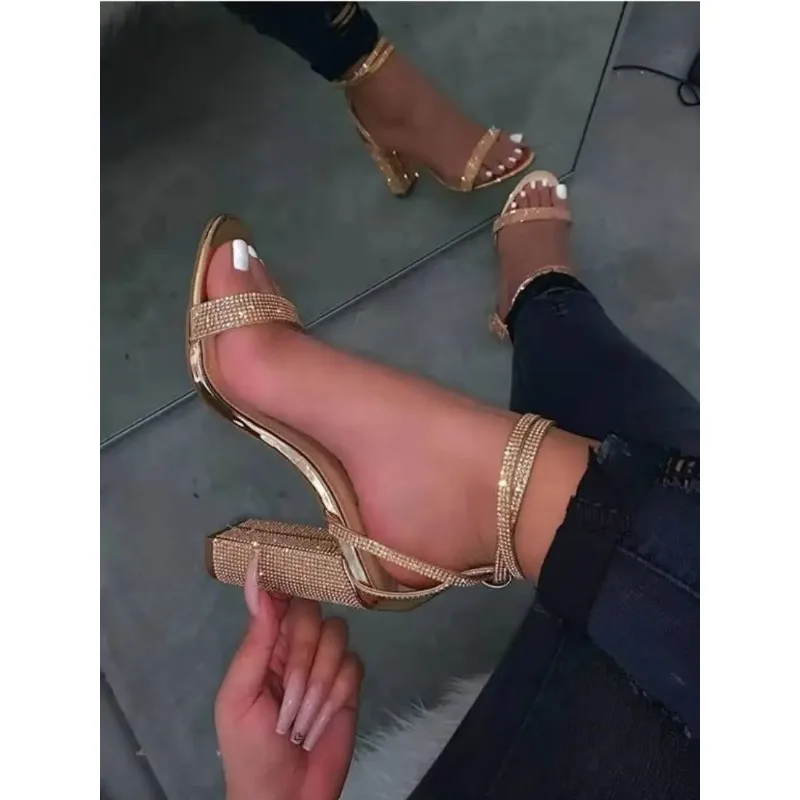 2025 Shiny Gold Silver Women\'s Sandals Summer Crystal High Heels Party Shoes Woman Comfortable Thick Heel Slides Sandalias Mujer
