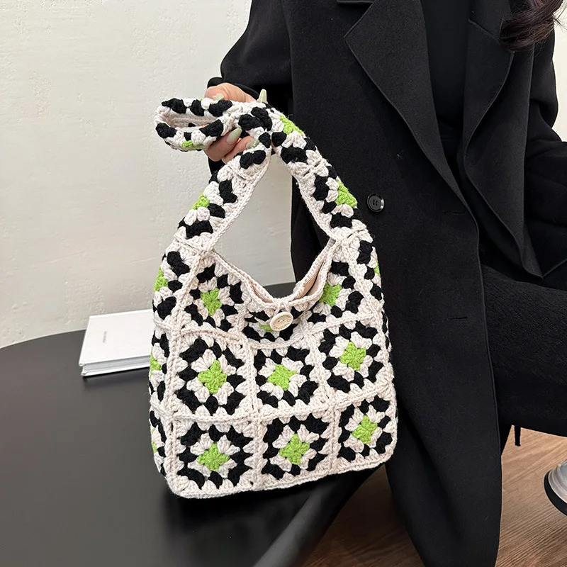 Handmade crocheted grandmother\'s checkered bag, knitted wool woven bag, forest style handbag, single shoulder bag for women