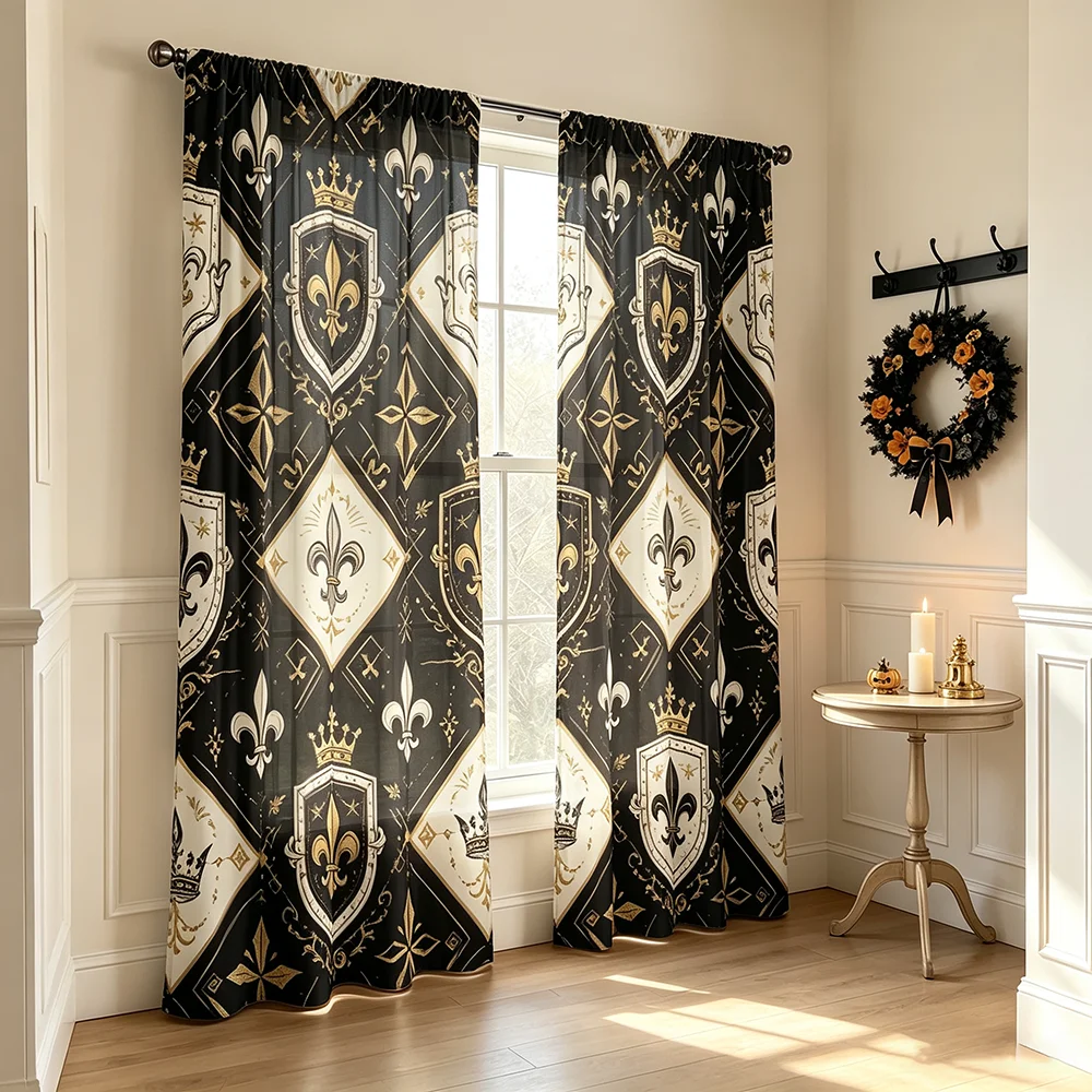 2PCS Digital Printed Curtains, Black Gold Fleur de Lis Shield Crown Pattern, Royal Medieval Gothic Style for Bedroom Living Room