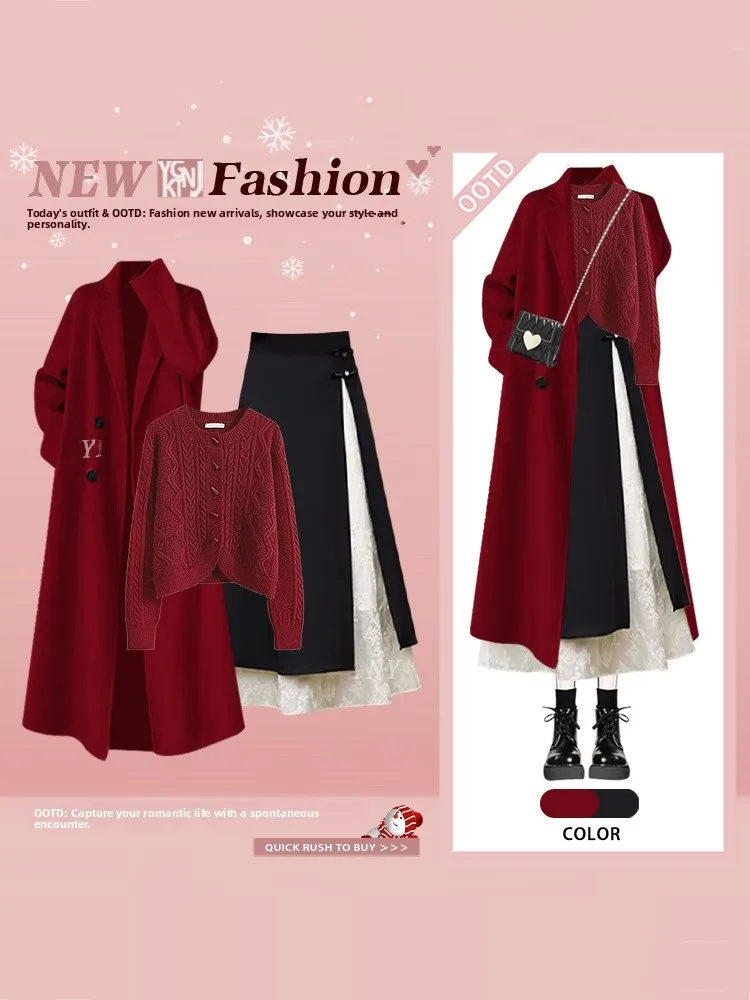 

Winter New Style Double Row Button Suit Collar Knitted Cardigan Chinese Splicing Split Skirt Three Piece Set Women's Fas...