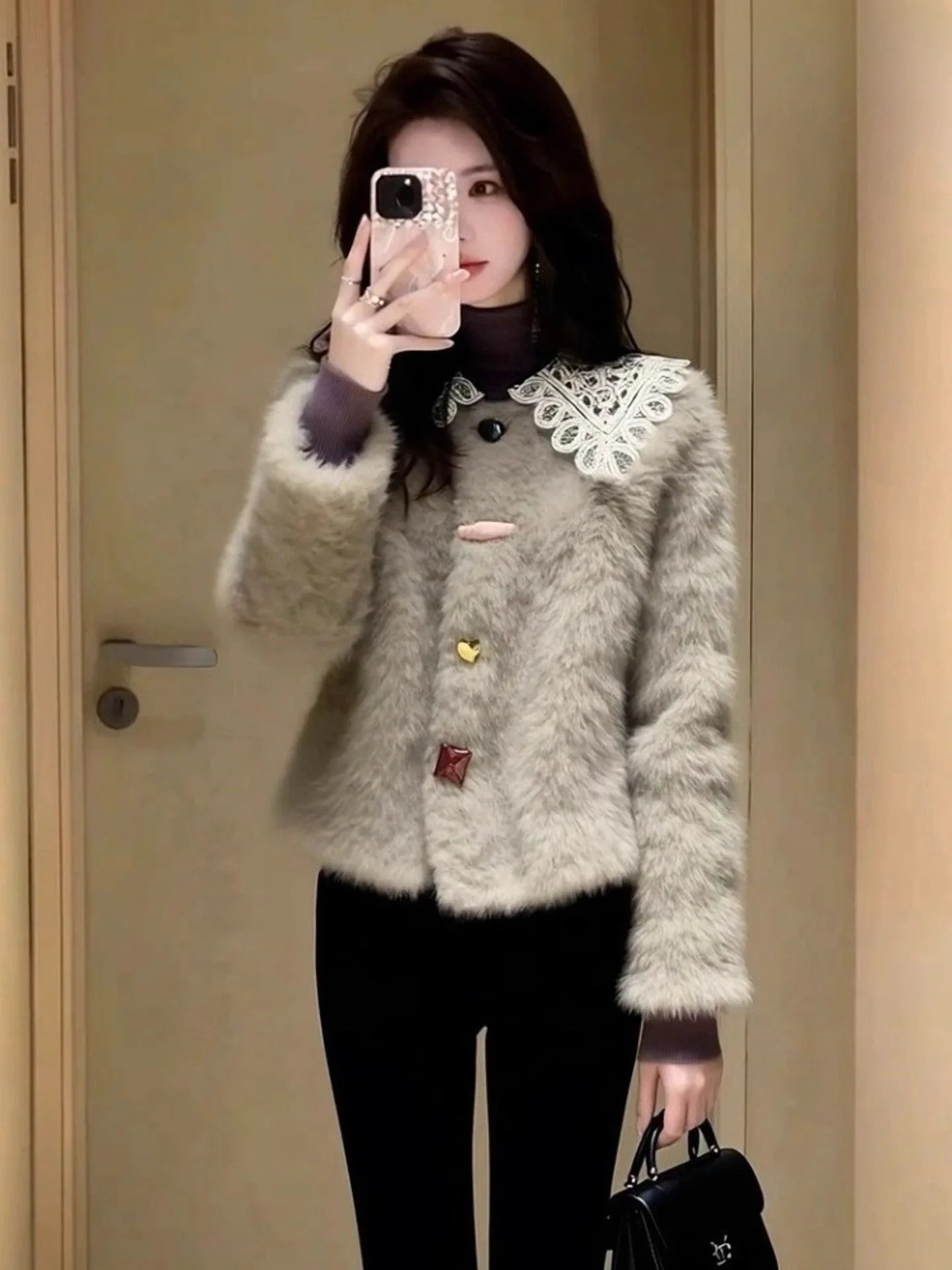 

Korean Sle ort Outerwear Women's Faion Thiened Lamb Fur Collar Stand-up Collar Patchwork Design Winter Coat