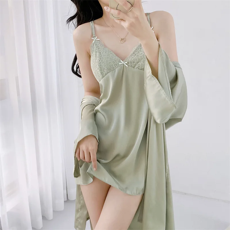 Sleepwear 2PCS Robe Set Summer Silky Satin Bathrobe Gown Suit Women Lingerie Nightwewar Lace Kimono Nightgown Loungewear