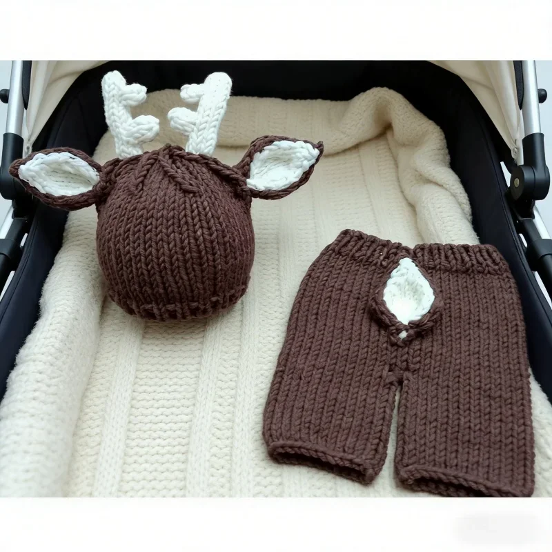 

Handmade Knit Cap Pants Coffee Deer Shape Two Piece Suit Newborn Infant Christmas Studio Shooting Photography Basic Prop