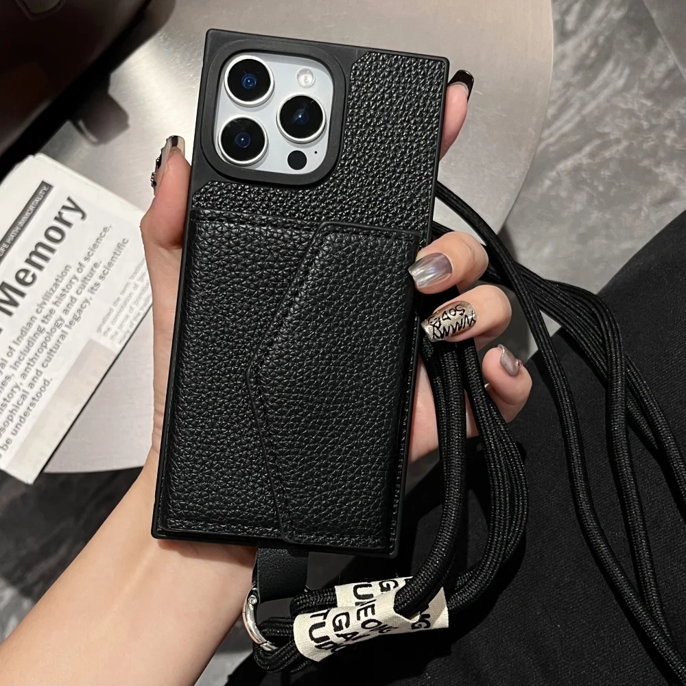 Casing Ponsel Saku Dompet Kartu Tas Kulit Modis untuk iPhone 16 15 14 13 12 11 Pro Max Sampul dengan Tali Penyandang