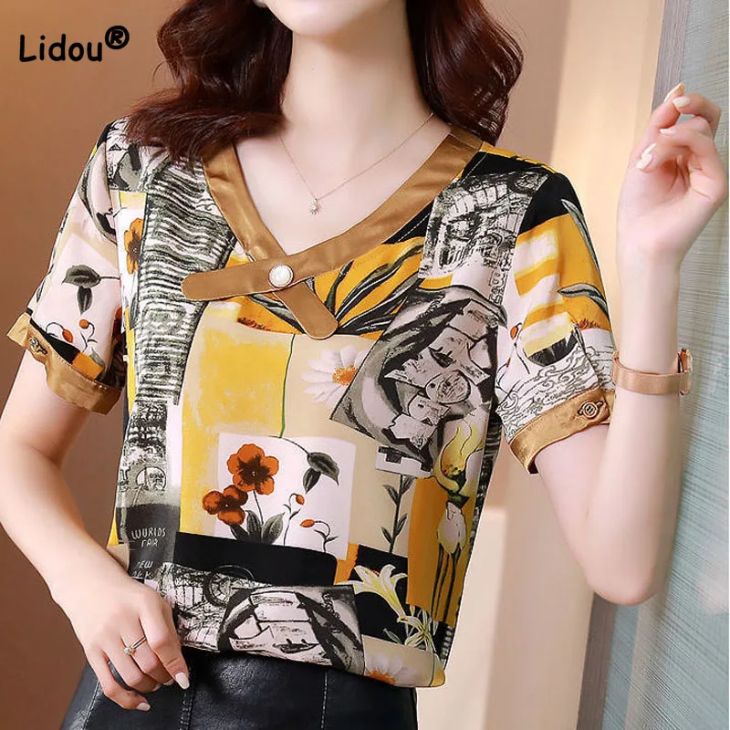 

Summer Women's Clothing Stylish V-Neck Printed Chiffon T-shirt 2023 Elegant Vintage Beading Spliced Short Sleeve Tops Female