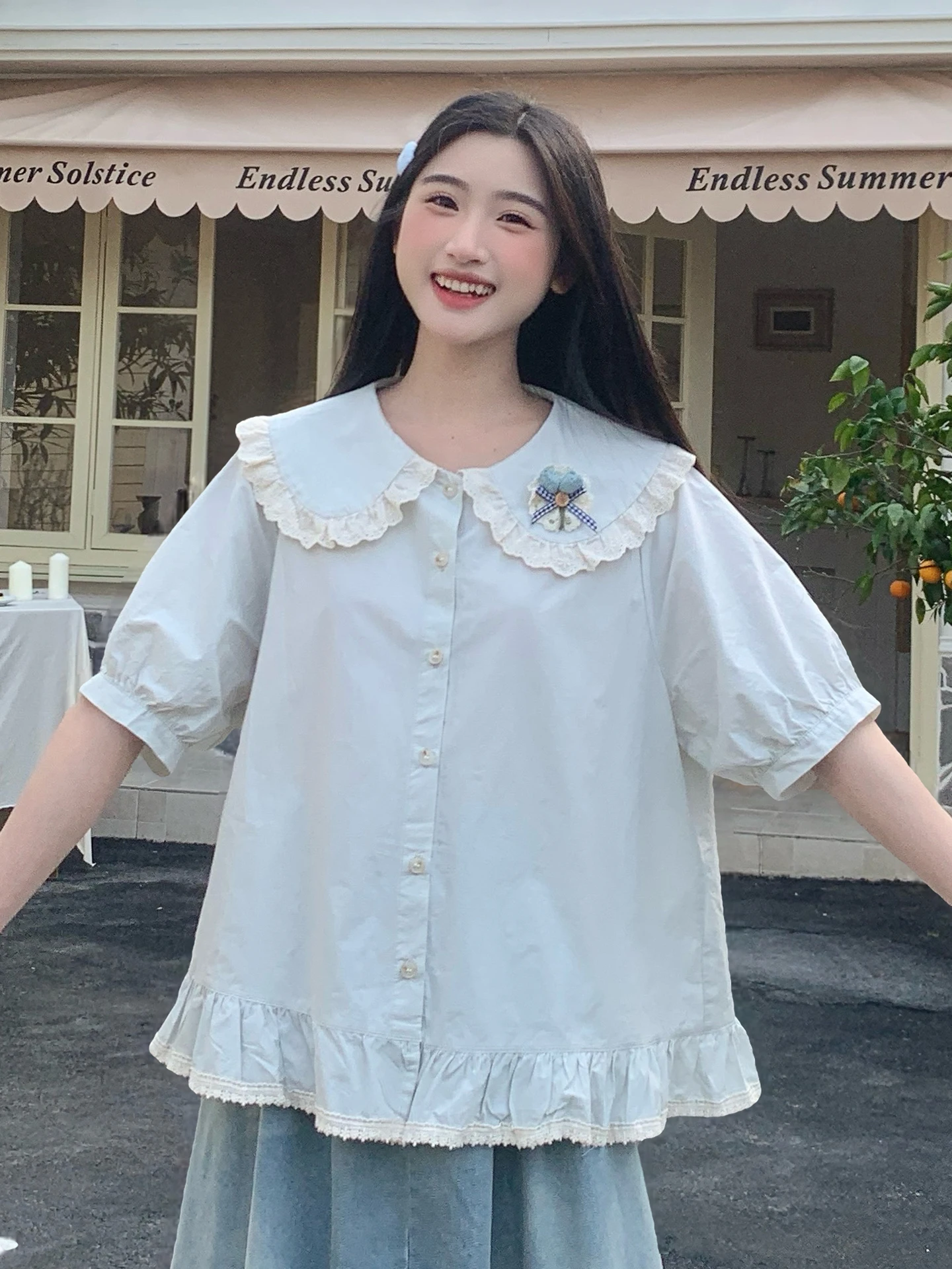 

Elegant Blue Short Sleeve Doll Collar Shirt Women's Style Summer Fashionable Chinese Brand Breathable Cotton Polyester Blend