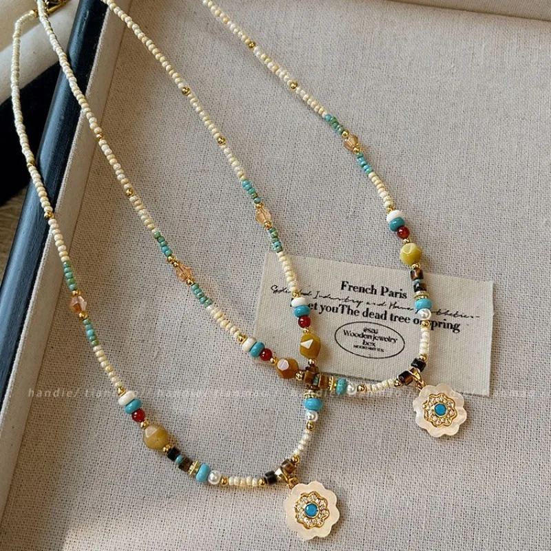 Bohemian Vibrant Natural Stone Fritillary Miyuki Trend Sunflower Beaded Pendant Necklaces For Women Ladies Strand Chokers