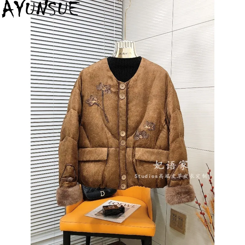 AYUNSUE Goose Down Jackets for Woman Chinese Jacquard Women Winter Coat Detachable Mink Fur Cuffs Jacket Woman Clothing Пуховик