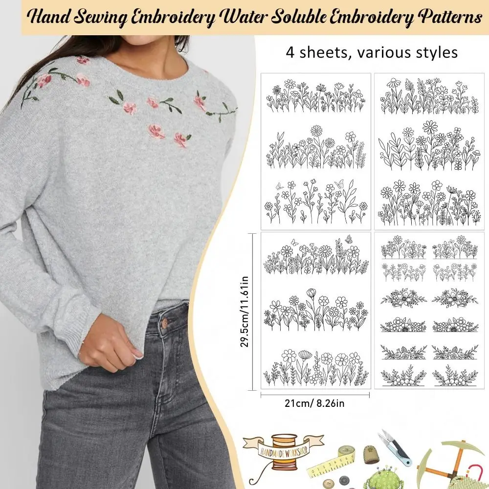 4 Sheets Water Soluble Stabilizer Embroidery Patterns Wash Away Stick and Stitch Embroidery Paper