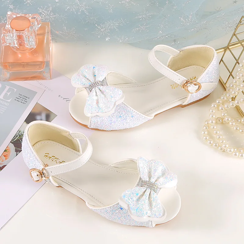 Princess Girls Party Shoes Children Sandals Rhinestones Sequins Butterfly-knot Girls Sandals Peep Toe Summer Kids Shoes Flats