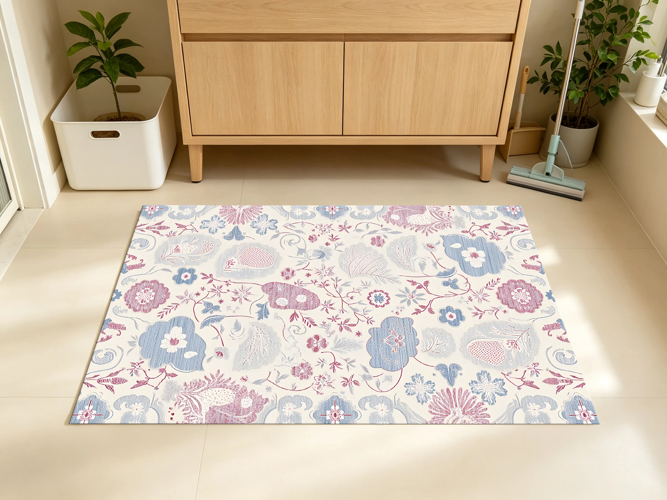 2D Large Rug in Pastel Blue & Pink, Vintage Floral Style, for Living Room & Bedroom, Enhancing the Space with High-Quality Finish