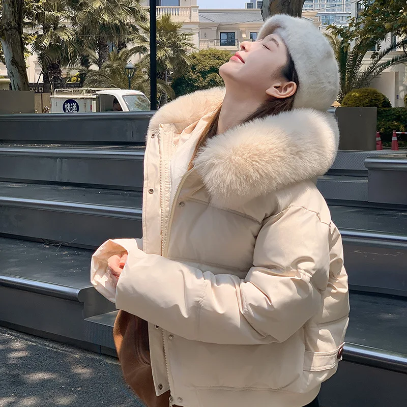 

Female 2024 New Short Loose Thick Hooded Jacket Fur Collar Down Cotton Coats Parkas Warmth Women