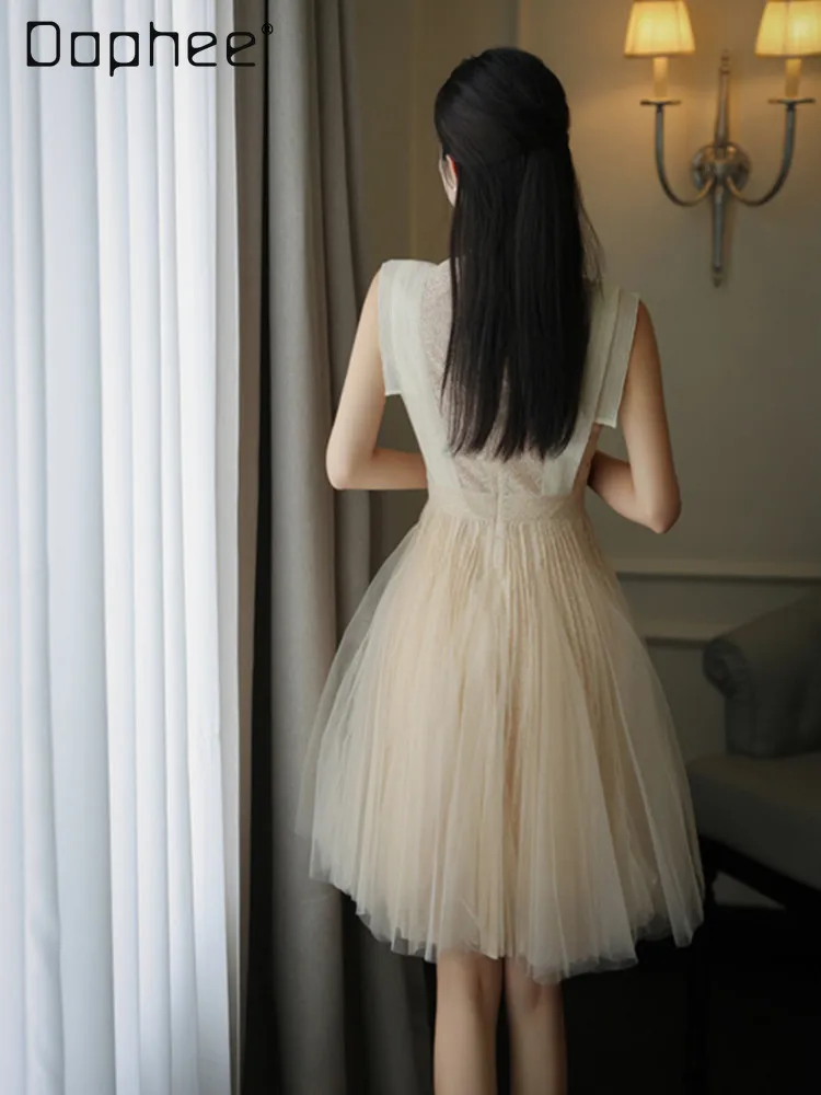 Vestido tutú de malla sin mangas de alta gama para mujer, minivestido ajustado a la moda con bordado elegante, vestidos de noche para fiesta de cumpleaños