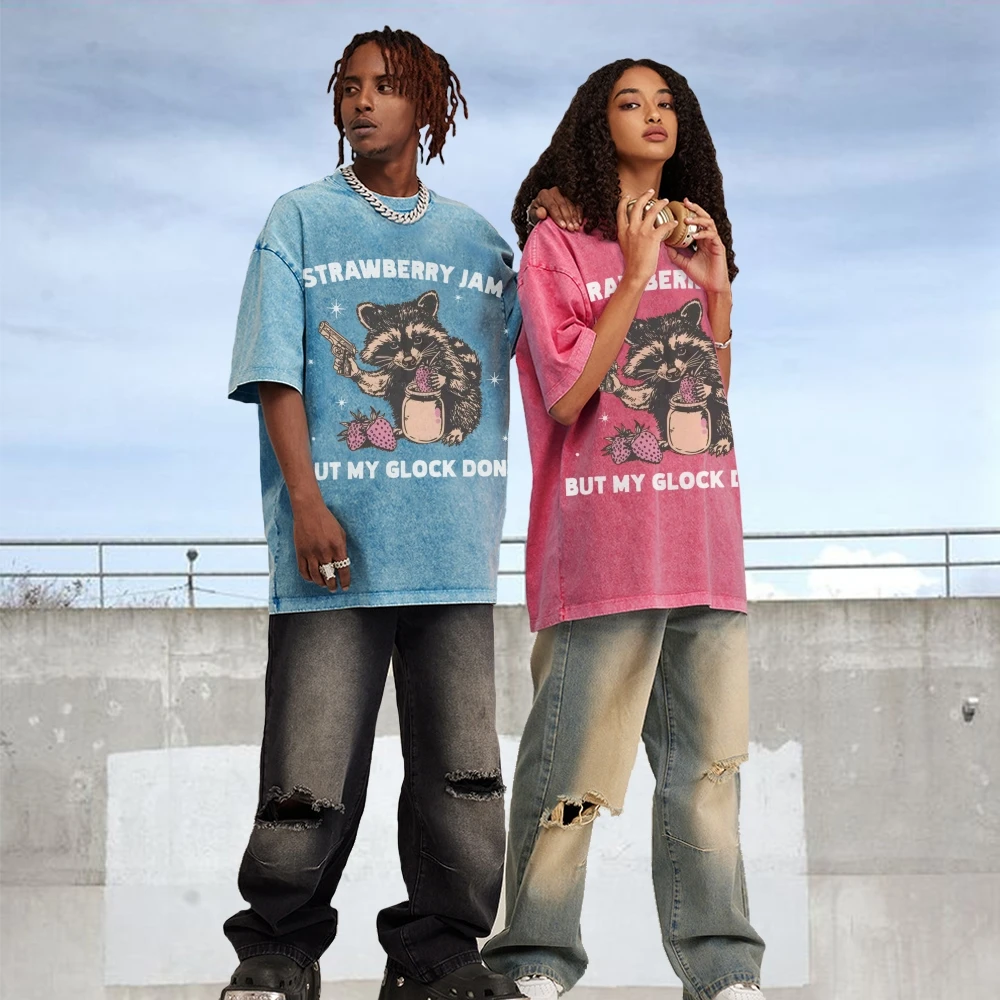 Cute Animal Print Washed Short Sleeves Plus Size T-shirt Overseas Exports European and American Harajuku Streetwear 15 Colors