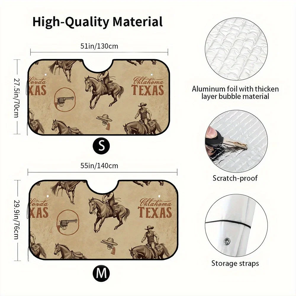 1pc Oklahoma Texas Western Cowboy Horse Car Windshield Sunshade - Reflective Foldable Sun Shade With Vintage Design (Horses, Cow