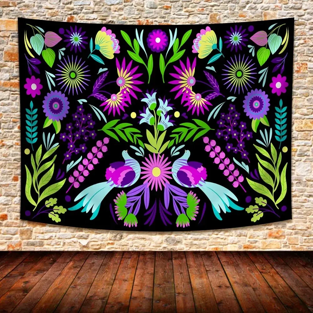 Mexican Tapestry Ethnic Birds Colorful Flowers Tapestry Mexican Embroidery Style Art Tapestry for Bedroom Living Room Dorm Decor