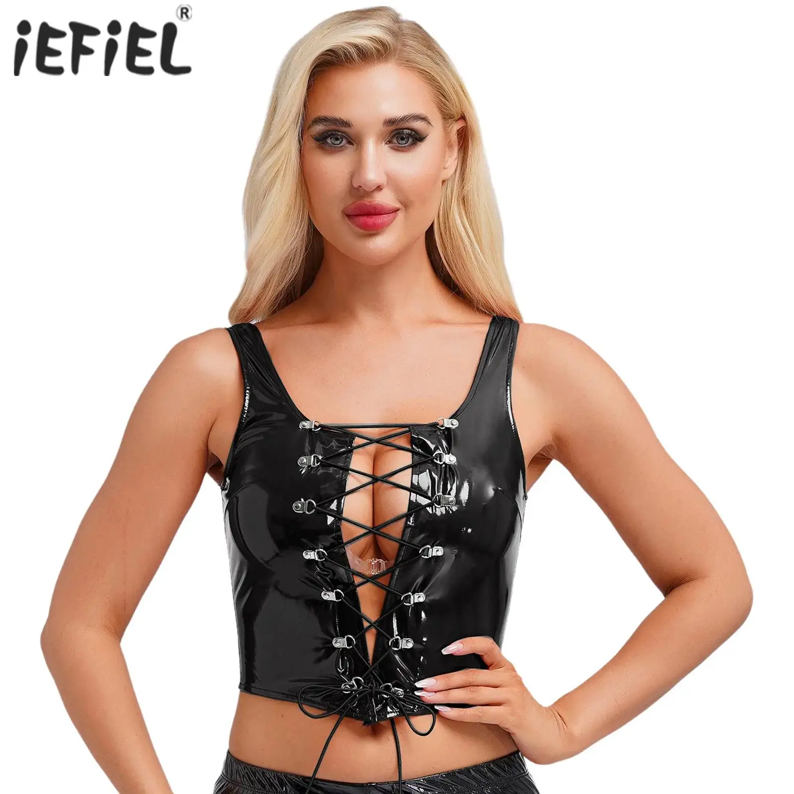 Womens Zipper Irregular Hem Rave Vest Tops Patent Leather Tank Tops Adjustable Lace-up Wetlook Clubwear Sexy Camisole Costume
