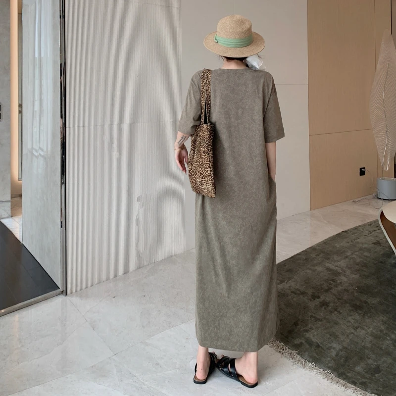 Oversized Women's Causal Dress Summer Loose U-Neck Long Dresses Robe Elbise Short Sleeve T-Shirt Korean Style Midi Dresses