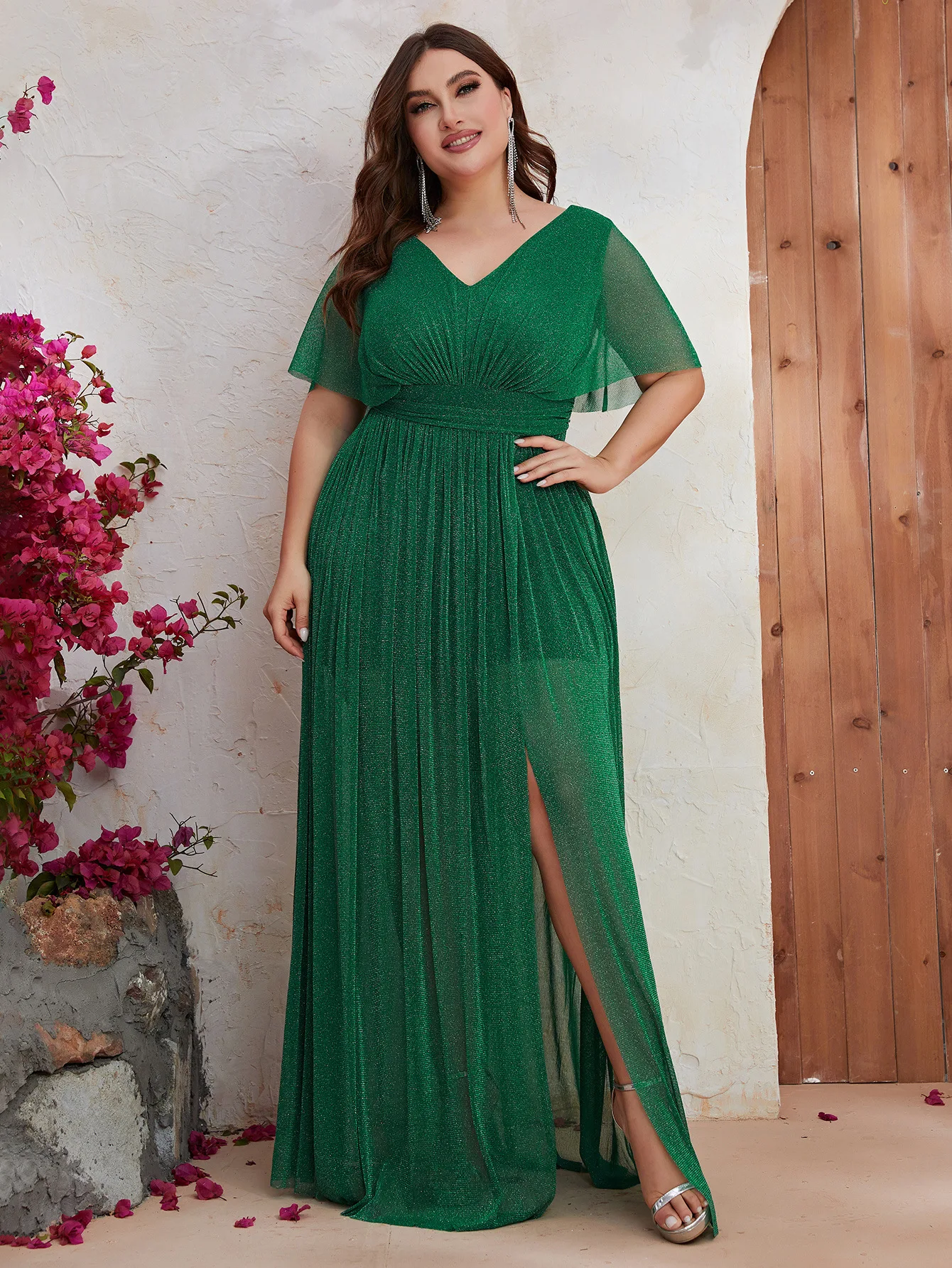 Plus Size Party Dresses Women Cross-border Large Size Evening Dress With Bat Sleeves Small V-neck Green Elegant Long Slit Dress