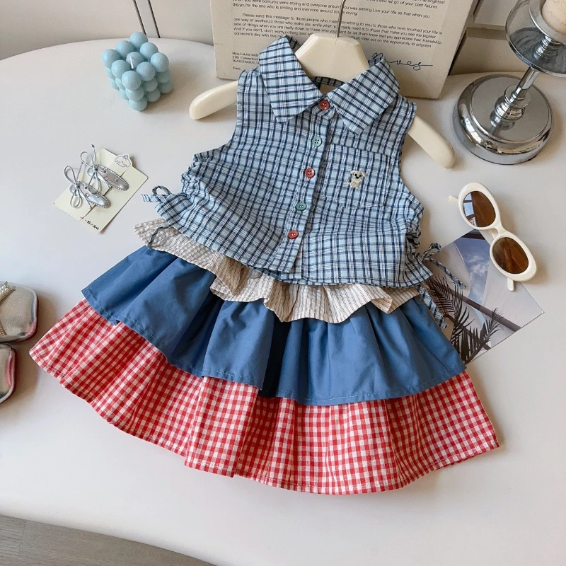 2026 Summer New Cotton Children's Collar Sleeveless Checkered Top and Multi-color Patchwork Skirt Two-piece Set
