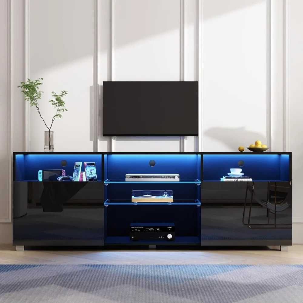 LED TV Stand for 65/75 inch TV, Modern Television Table Center Media Console with Drawer and Led Lights, TV Stand