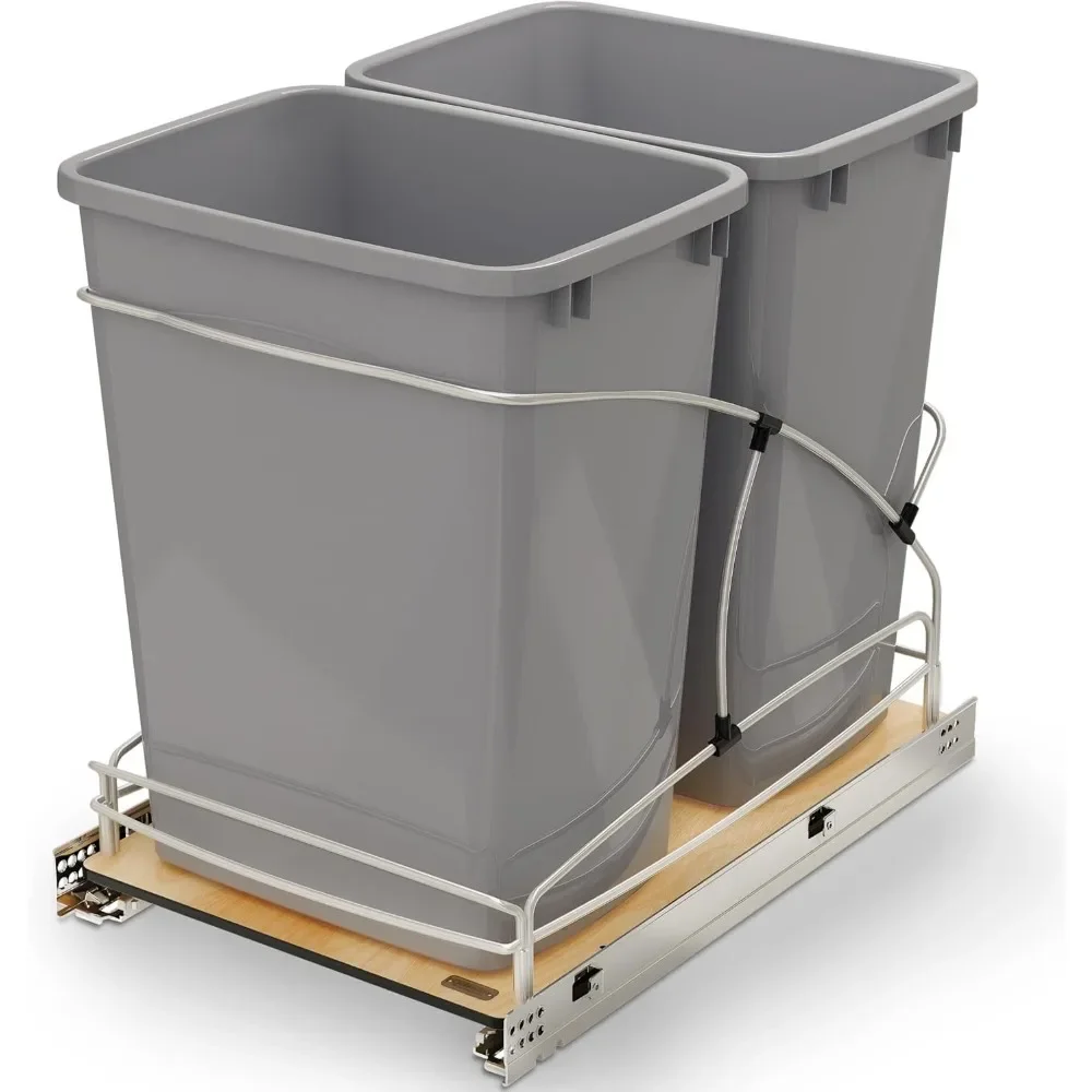 

Rev-A-Shelf Steel Bottom Mount Double 35 Quart 8.75 Gallon Waste Bin Trash Container for Under Kitchen Cabinet with Soft Close,